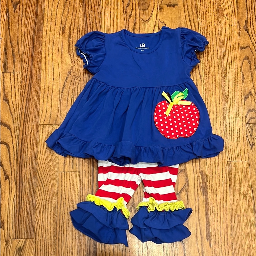 Amazon Unique Baby Blue Short Sleeve Shirt with Apple Patch Striped Leggings 4